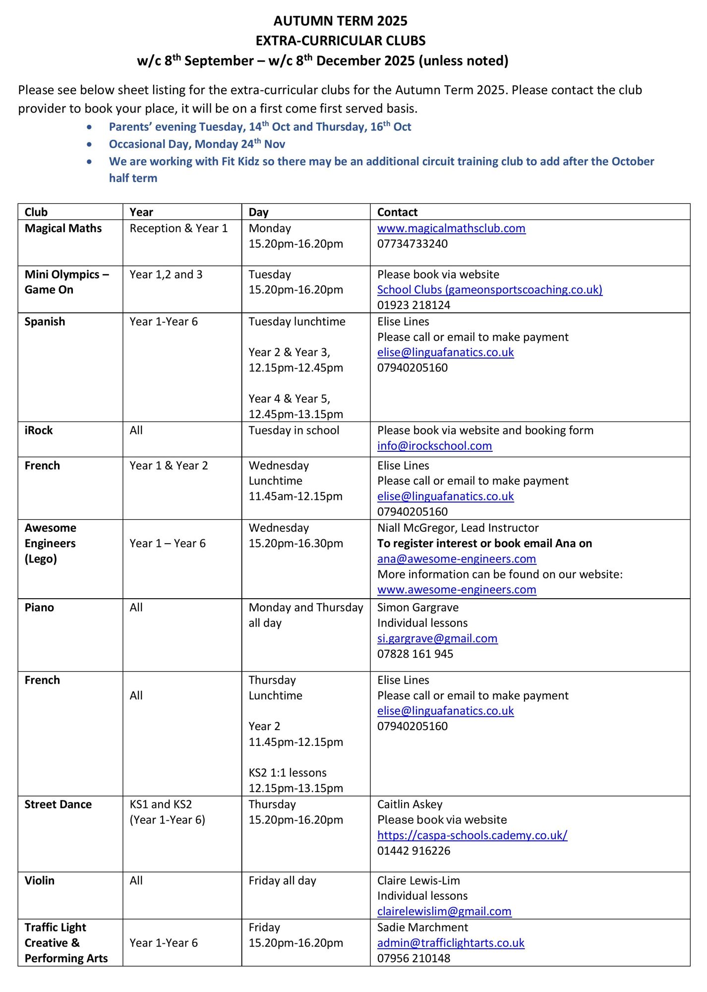 Contractor Club Autumn Timetable 2025