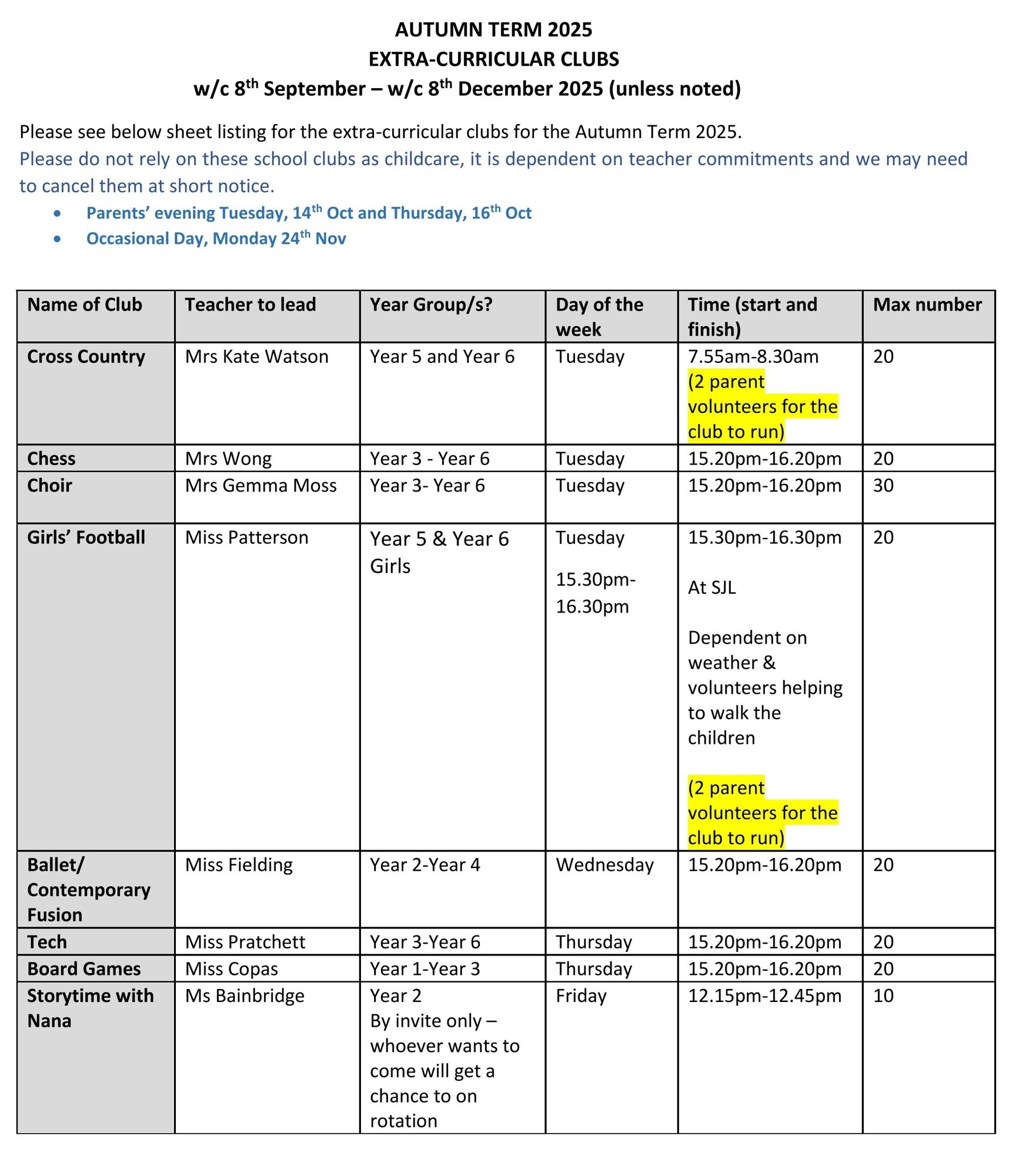 Teacher Clubs Autumn Term 2025